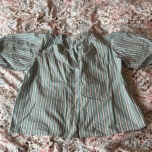 Casual Striped Button-Down Top in Light Teal and White